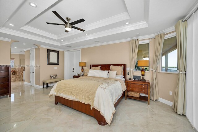 bedroom with a water view, access to exterior, ornamental molding, ceiling fan, and a raised ceiling