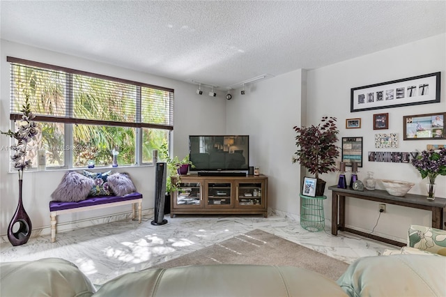 living room featuring carpet floors, a textured ceiling, and rail lighting