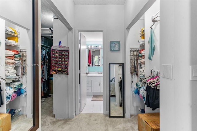 spacious closet featuring light carpet