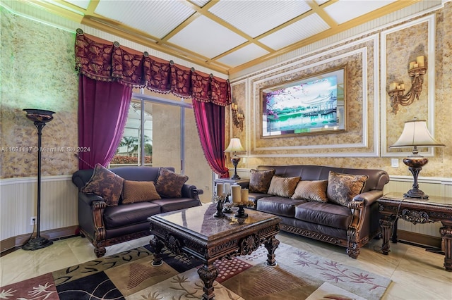 174 NW Magnolia Lakes Blvd, Port St Lucie, FL 34986 - living room featuring wallpapered walls, tile patterned floors, and a wainscoted wall