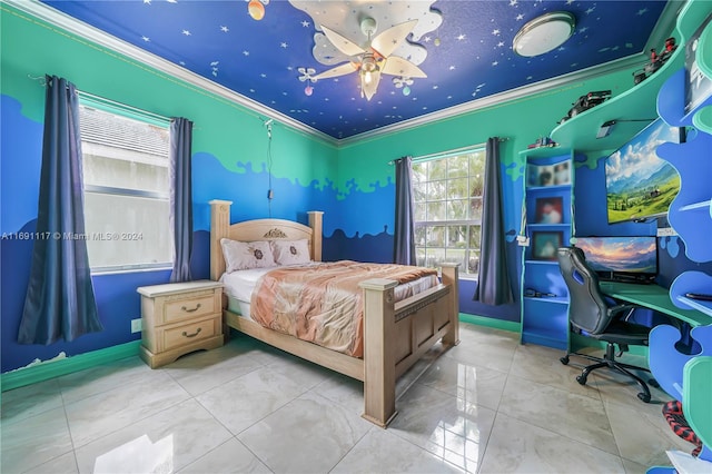 bedroom with ceiling fan, ornamental molding, and multiple windows