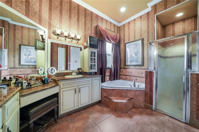 bathroom with tile patterned flooring, vanity, separate shower and tub, and ornamental molding