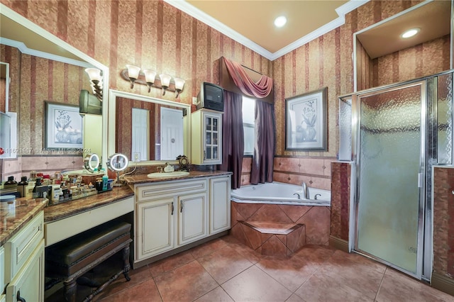 174 NW Magnolia Lakes Blvd, Port St Lucie, FL 34986 - bathroom with wallpapered walls, crown molding, vanity, a bath, and tile patterned flooring