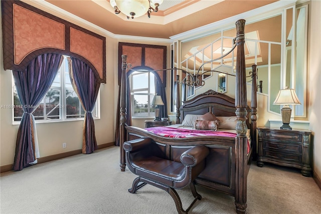 bedroom featuring multiple windows, crown molding, light colored carpet, and a notable chandelier