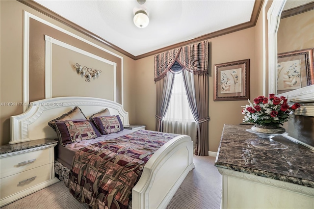 bedroom featuring light colored carpet and ornamental molding