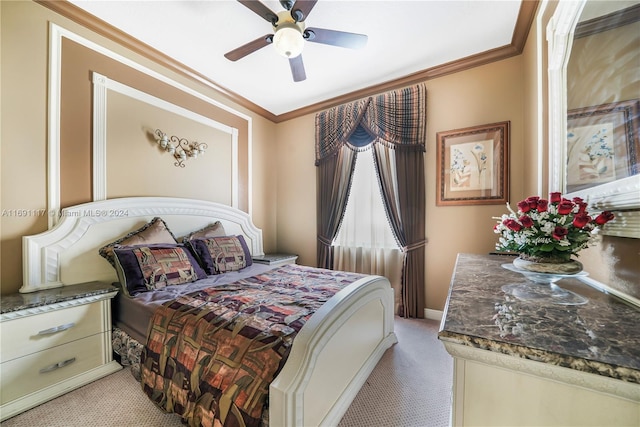 bedroom with ceiling fan, light carpet, and ornamental molding