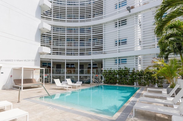 view of swimming pool featuring a patio area