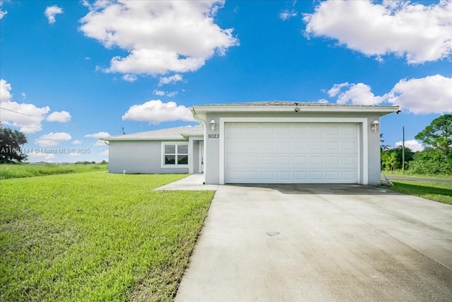 ranch-style home with a garage and a front yard