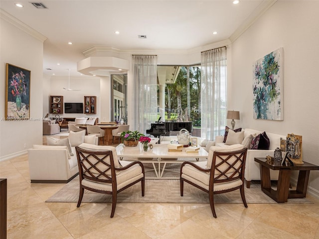 living area with ornamental molding