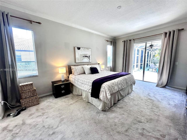 carpeted bedroom featuring access to exterior, ornamental molding, multiple windows, a textured ceiling, and baseboards