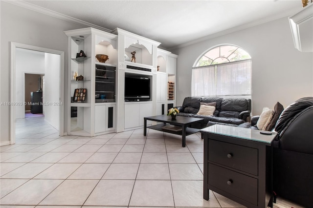 living room featuring light tile patterned flooring and ornamental molding