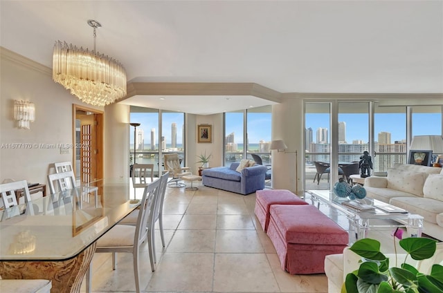 tiled living room featuring a wall of windows and crown molding