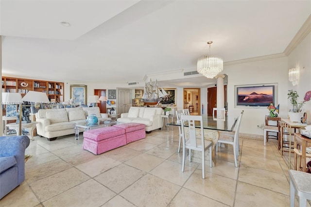 dining space featuring ornamental molding and an inviting chandelier