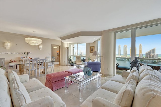 living room featuring light tile patterned floors and an inviting chandelier