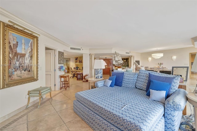 interior space with light tile patterned floors, an inviting chandelier, and ornamental molding