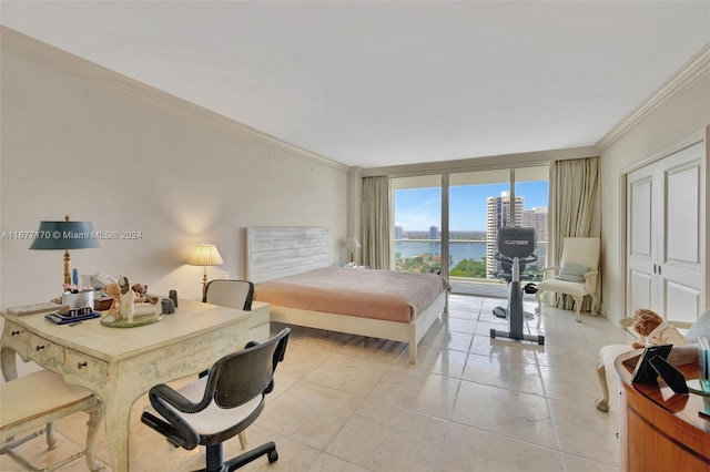 bedroom featuring a wall of windows, a water view, light tile patterned floors, and crown molding