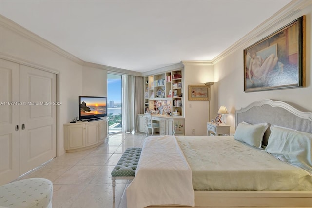 tiled bedroom featuring access to exterior, a closet, and ornamental molding