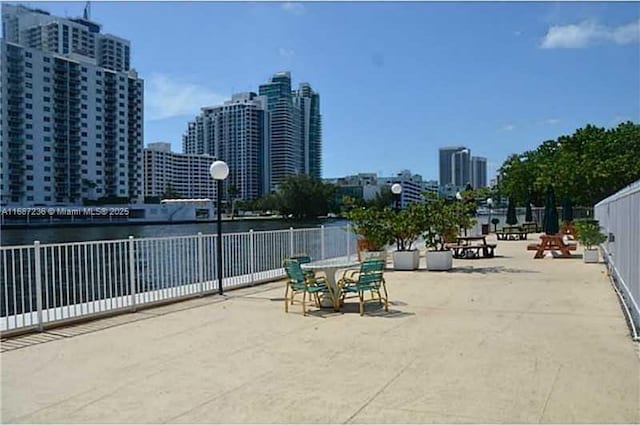 view of patio / terrace featuring a water view