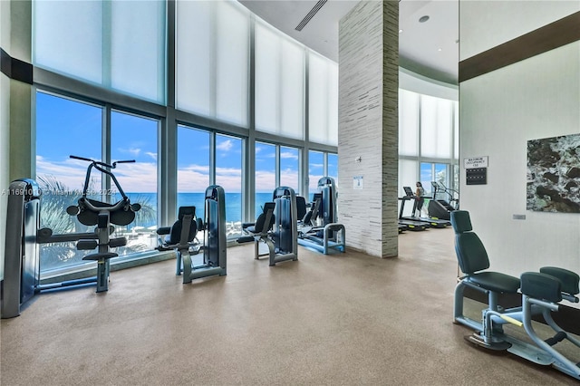 exercise room featuring plenty of natural light, a water view, a towering ceiling, and a wall of windows