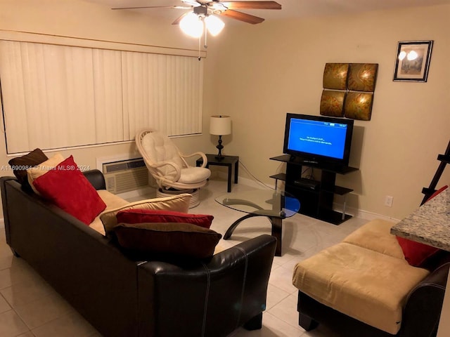 living room featuring ceiling fan and light tile patterned floors