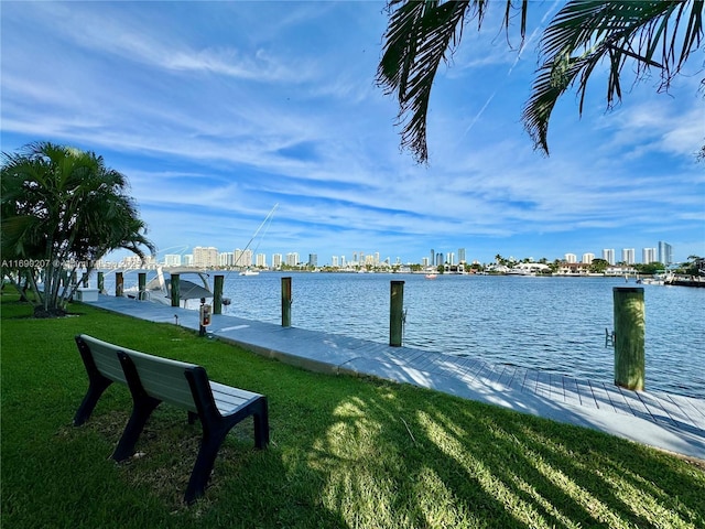 16546 NE 26th Ave Unit 3G, North Miami Beach, FL 33160 - dock with a water view, a lawn, and a skyline view