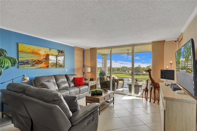 tiled living room featuring floor to ceiling windows, a textured ceiling, and crown molding