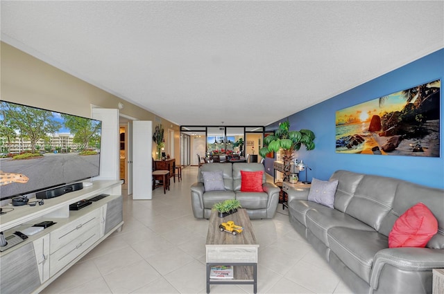 tiled living room with a textured ceiling