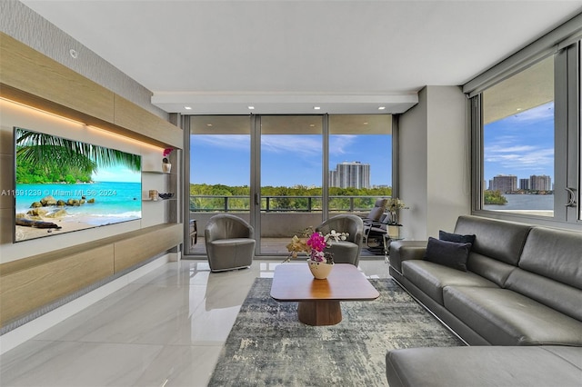 living room featuring expansive windows and a healthy amount of sunlight