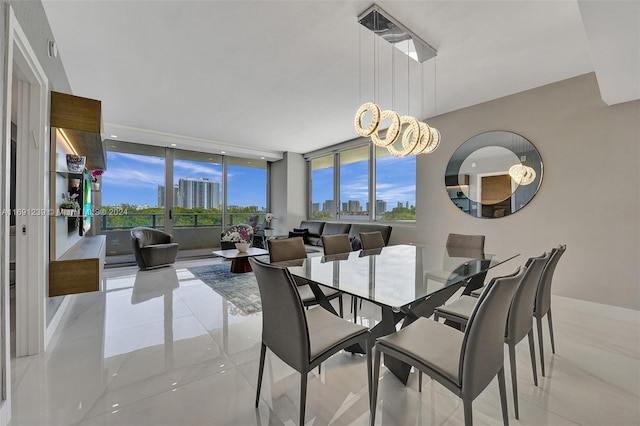 tiled dining room with expansive windows