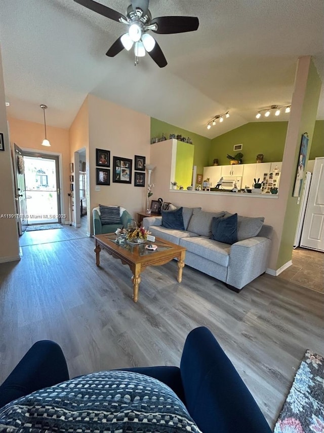 living room with wood-type flooring, vaulted ceiling, and a textured ceiling