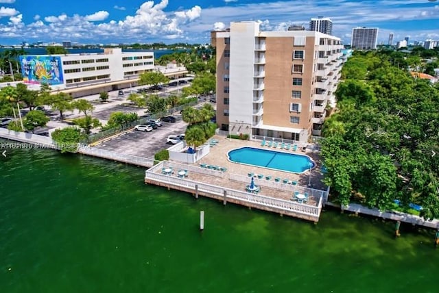 aerial view featuring a water view