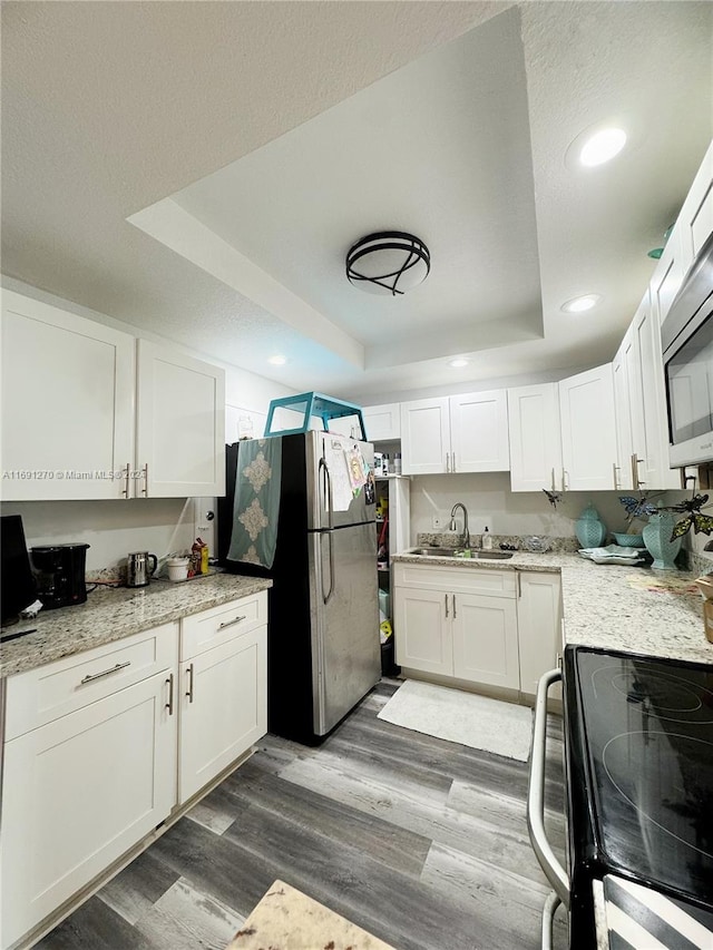 kitchen featuring white cabinets, appliances with stainless steel finishes, sink, and a tray ceiling