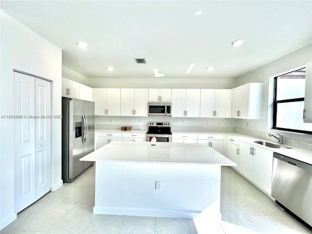 kitchen with white cabinets, a sink, a center island, stainless steel appliances, and visible vents