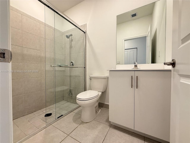 bathroom with vanity, toilet, visible vents, and a stall shower