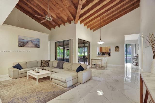 living room featuring high vaulted ceiling, beamed ceiling, wood ceiling, and a wealth of natural light