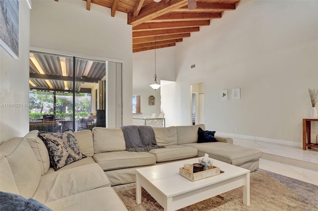 living room with high vaulted ceiling, wooden ceiling, and beam ceiling