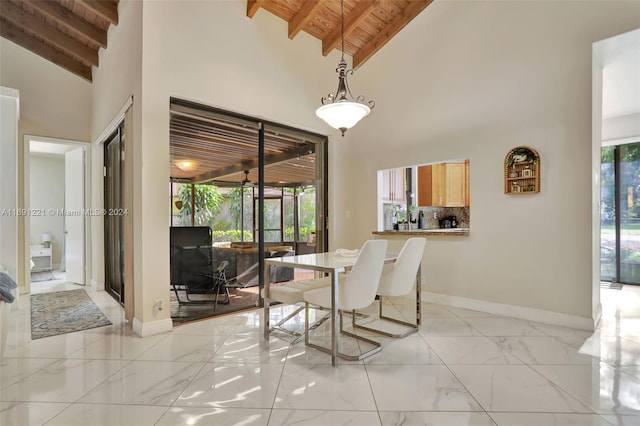 dining room with high vaulted ceiling, a healthy amount of sunlight, and wood ceiling