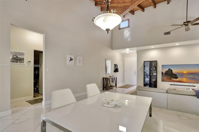 dining room featuring high vaulted ceiling, beamed ceiling, and ceiling fan