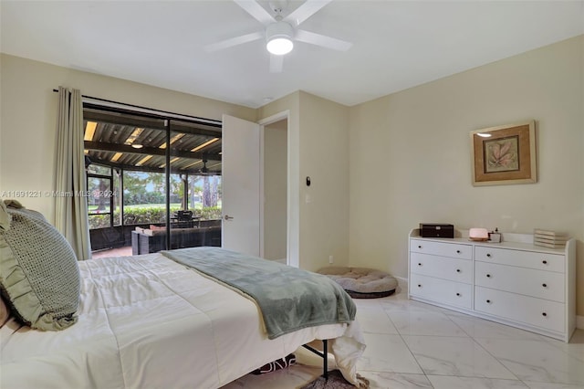 bedroom featuring ceiling fan and access to exterior