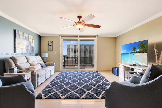 living room with ceiling fan, light tile patterned floors, and ornamental molding