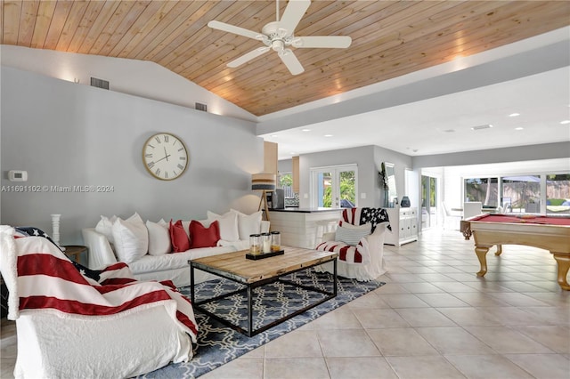 tiled living room featuring french doors, vaulted ceiling, ceiling fan, wooden ceiling, and pool table