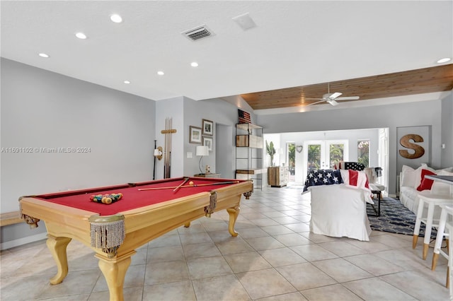 recreation room featuring beam ceiling, ceiling fan, french doors, billiards, and light tile patterned floors