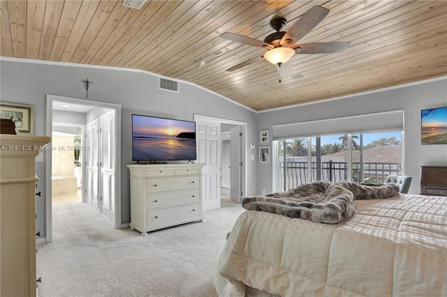 bedroom with ceiling fan, light colored carpet, vaulted ceiling, access to outside, and wood ceiling