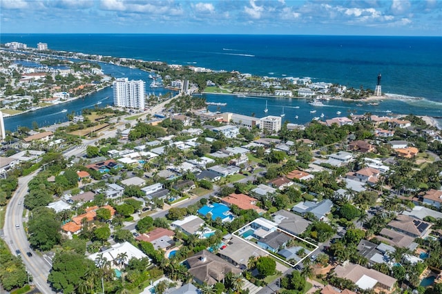 aerial view featuring a water view