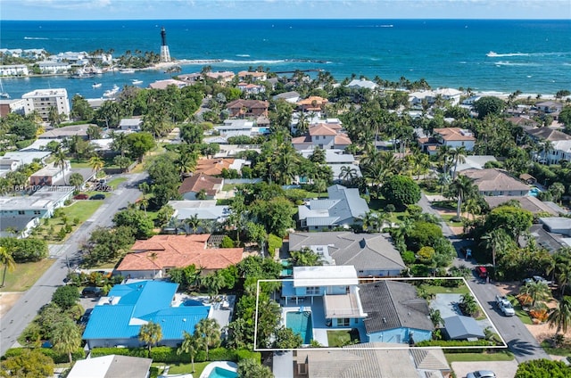 drone / aerial view featuring a water view