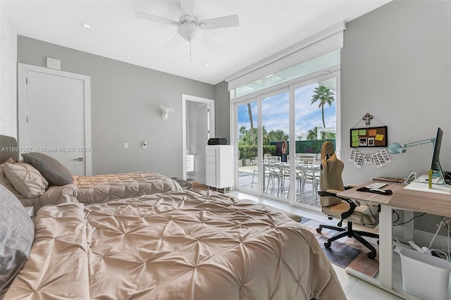 bedroom with access to outside and ceiling fan