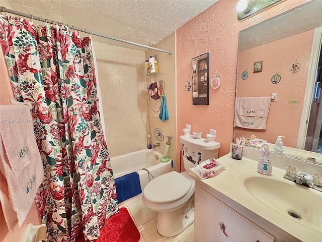 bathroom featuring shower / bath combo, tile patterned flooring, a textured ceiling, toilet, and a textured wall