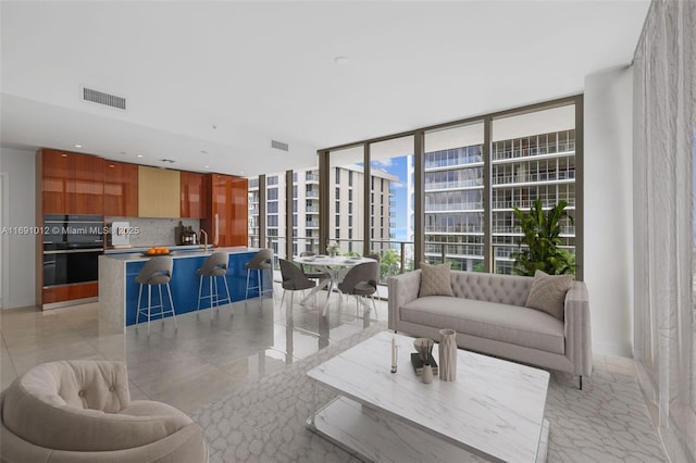 living room with sink and floor to ceiling windows