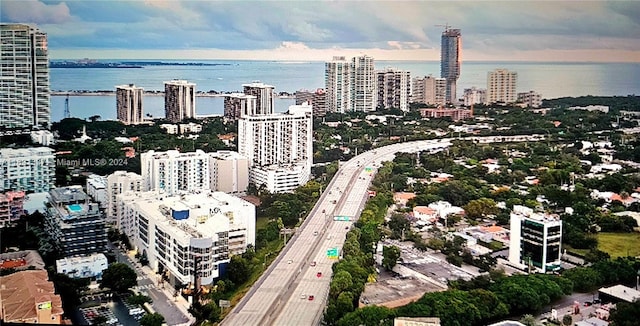 aerial view featuring a water view