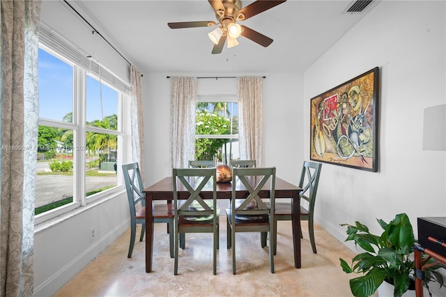 dining space with ceiling fan and plenty of natural light